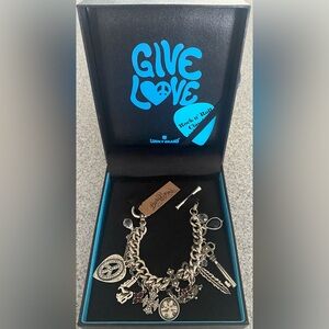 Vintage LUCKY BRAND Silver Rock Roll Guitar Pick Charm Rhinestone Bracelet